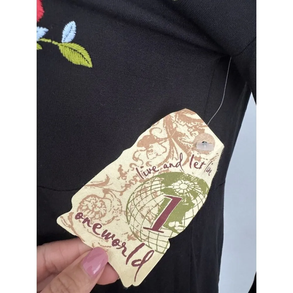 One World Floral Embroidered Boho Peasant Blouse Size S Taseled Bell Sleeve NEW - Image 6