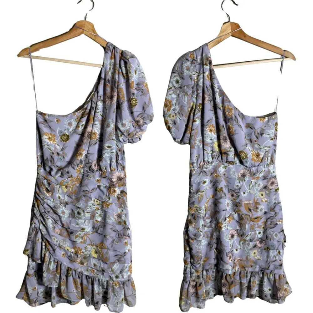 ASTR The Label Periwinkle Floral One Shoulder Tulip Mini Dress Women's Medium - Image 4