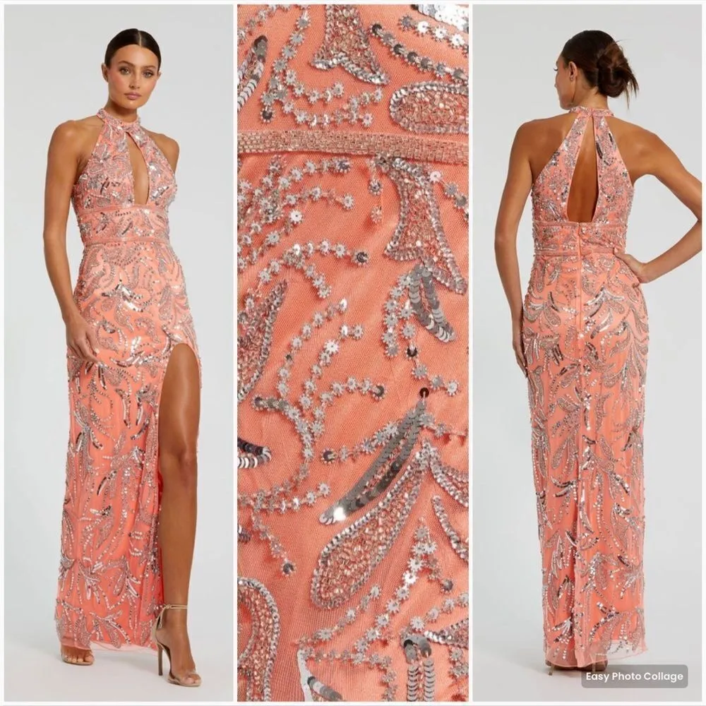 MAC DUGGAL 6030 Womens High Neck Embellished Mesh Gown With Slit Dress Coral - Image 3