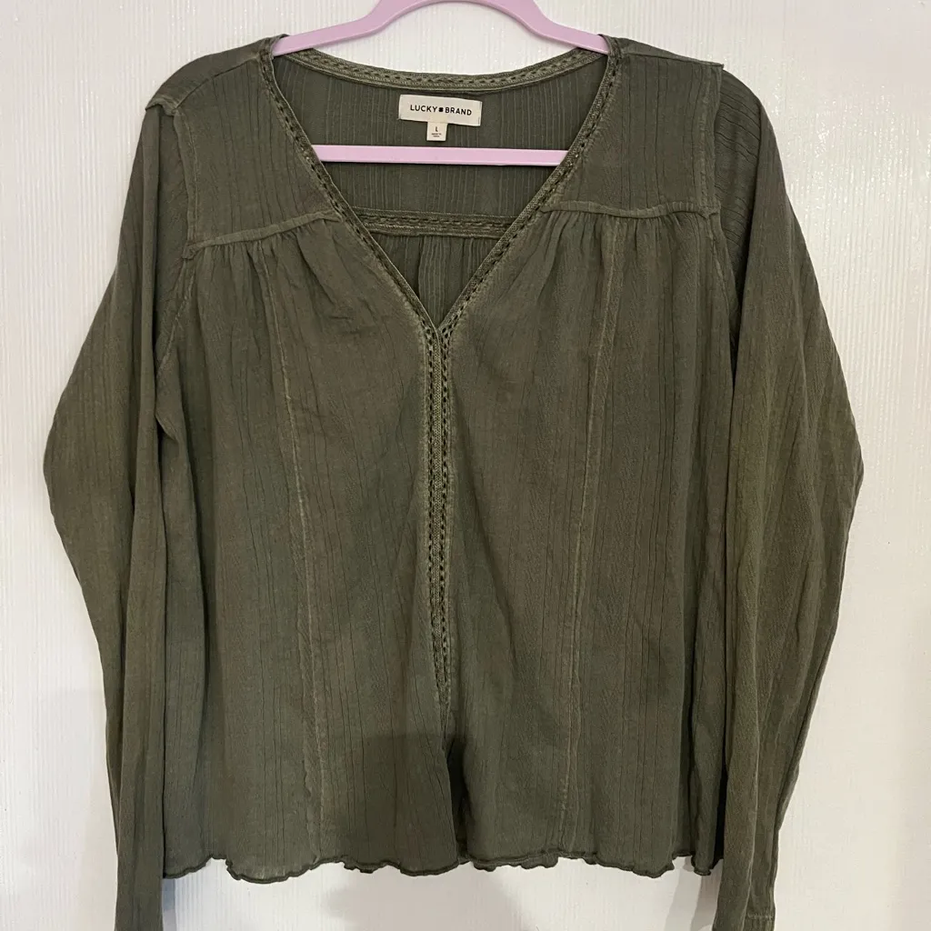 Lucky Brand Olive Green V-Neck Blouse - Image 4