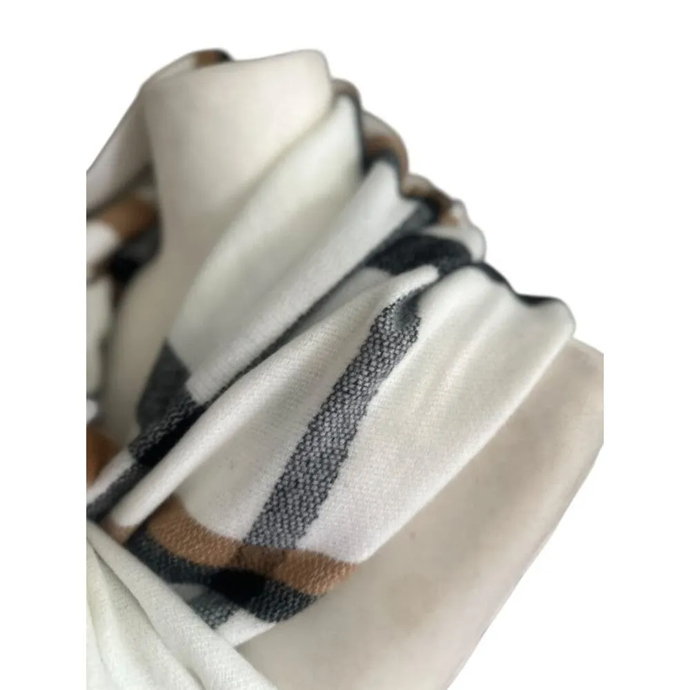 West Loop Womens Scarf Plaid 79"x30" Acrylic Neutral White Brown Black Fringe - Image 3
