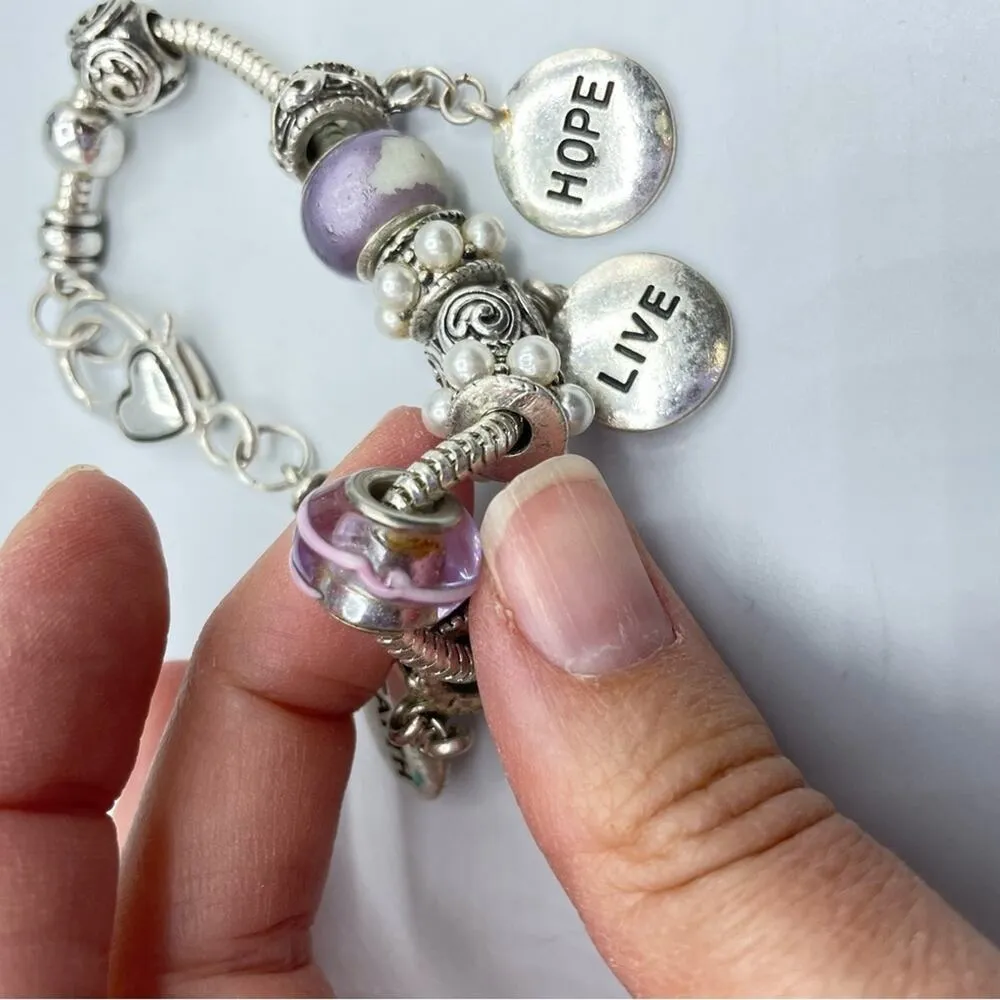 Unbranded Silver Tone & Purple Chunky Style Charm Bracelet Love Hope Hearts - Image 6