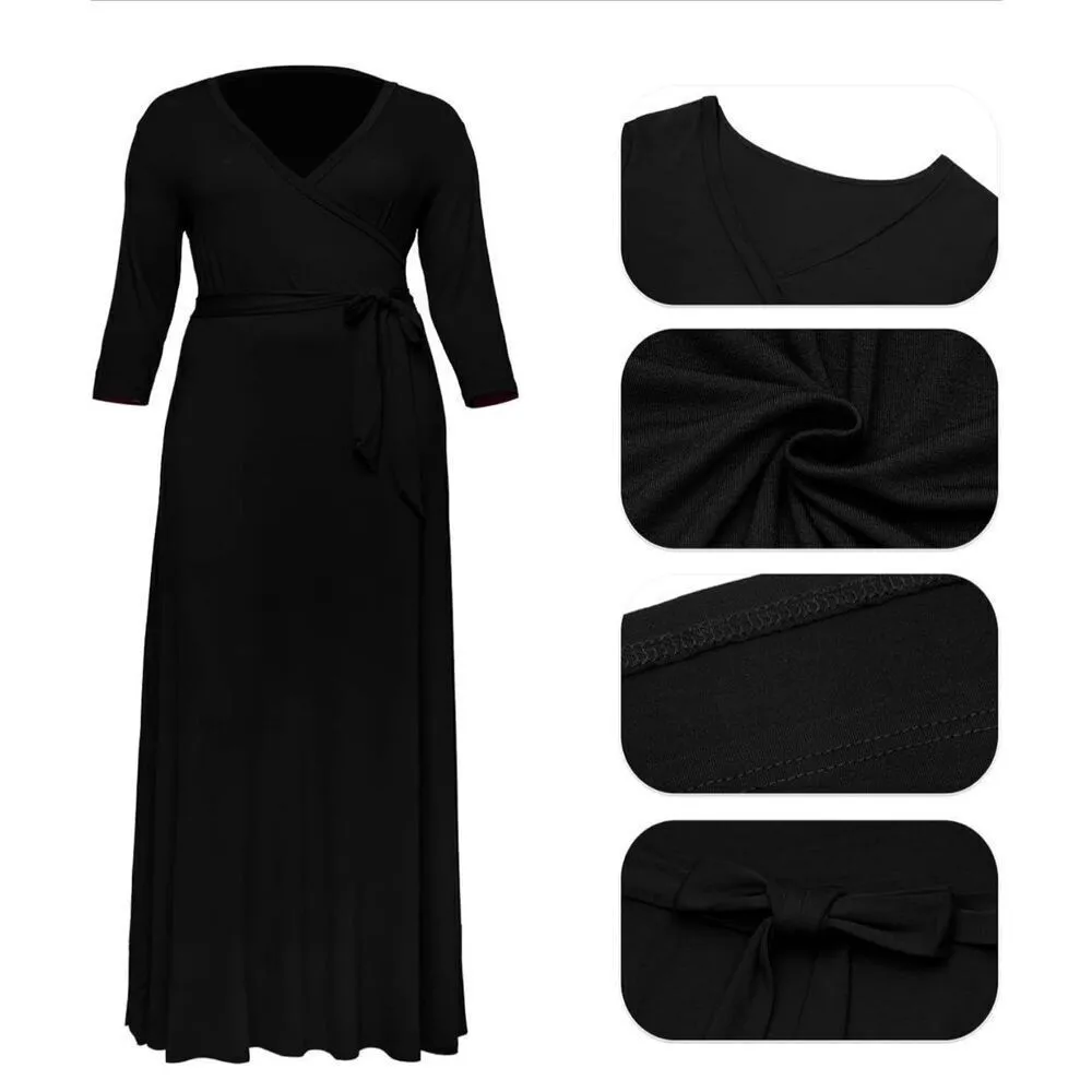 NEW Plus Size Dress Maxi Dress Flowy 3/4 Sleeve NO Belt XL Black - Image 4