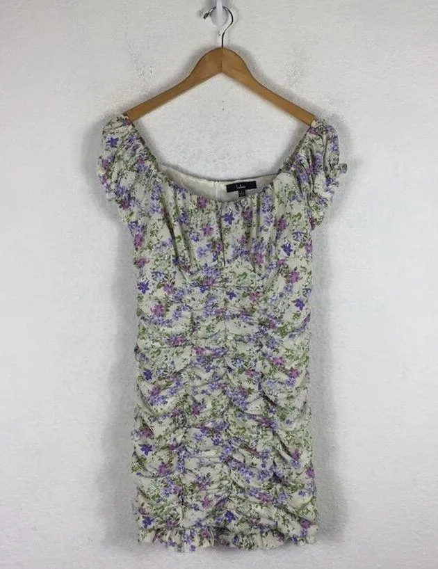 Lulus Love Bloom Cream Floral Print Ruched Off-the-Shoulder Mini Dress Large - Image 3