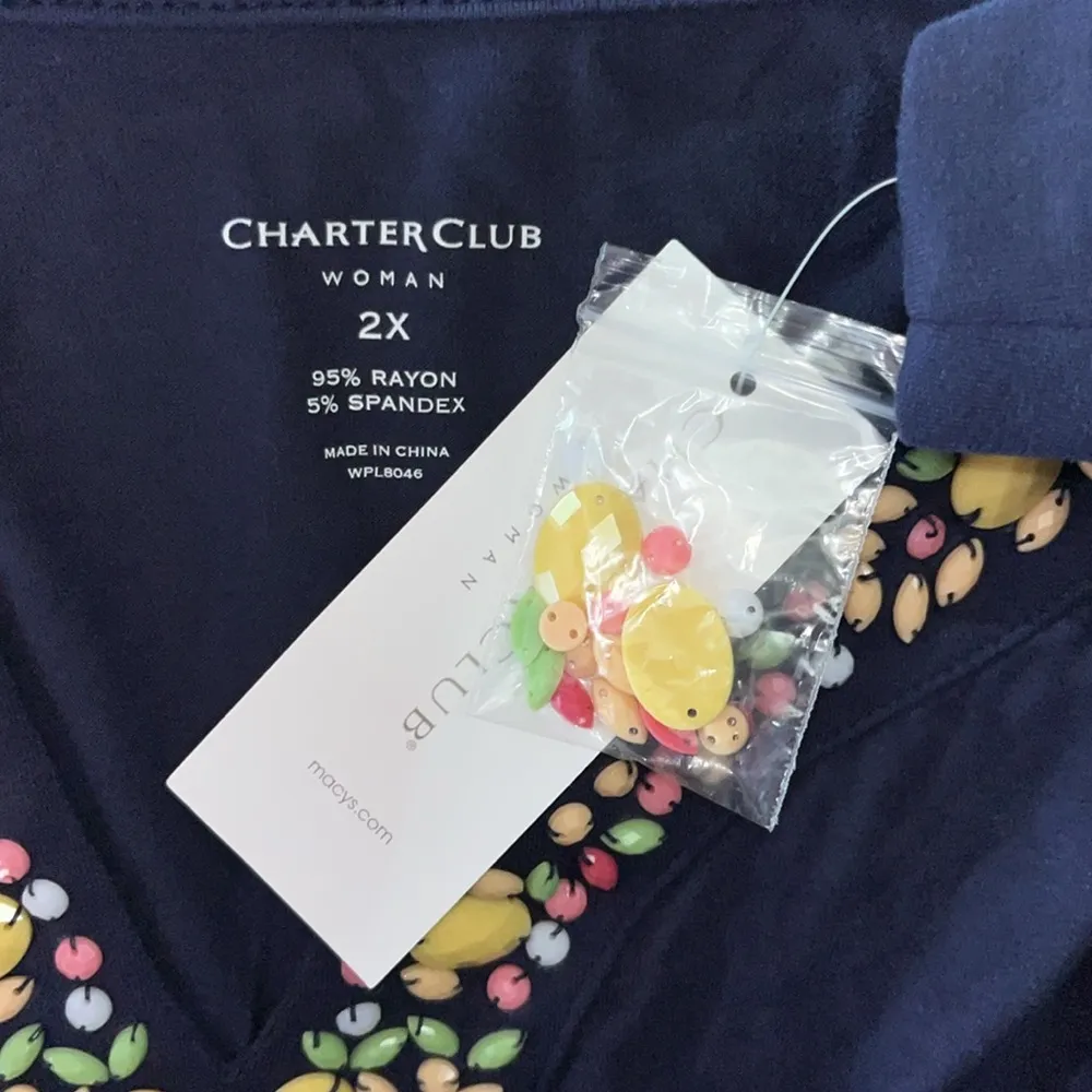 Charter Club Woman NWT Size 2X Blue - Bead Embellished Rayon Knit Top Blouse - Image 5