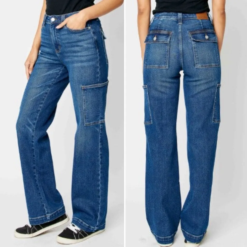 Judy Blue Cargo Wide Leg Jeans Size 7 | 28 High Rise Dark Wash Utility Denim - Image 13