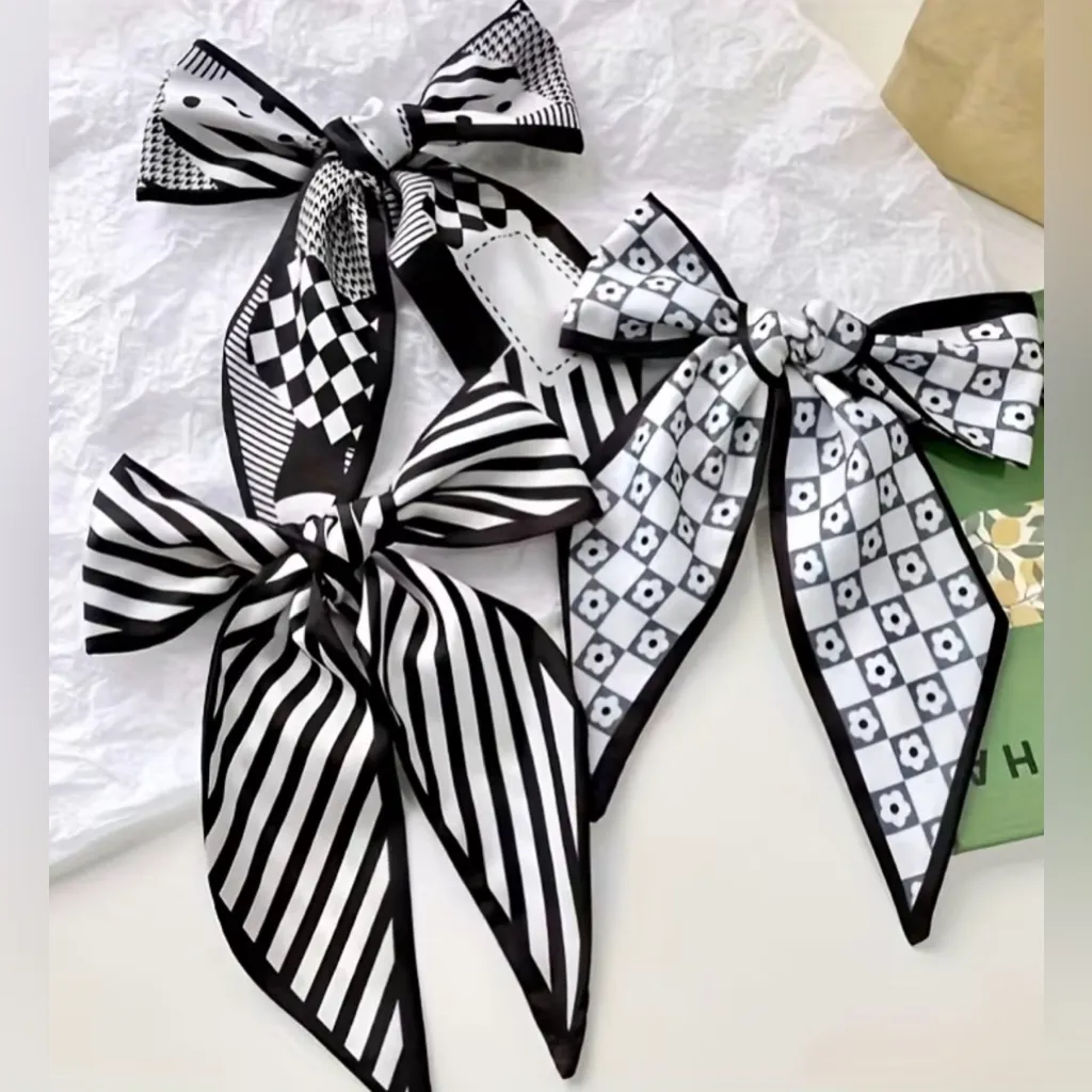 Set of 4 Black White French Style Twilly Scarves | Silk Feel Skinny Scarf | Bag - Image 3