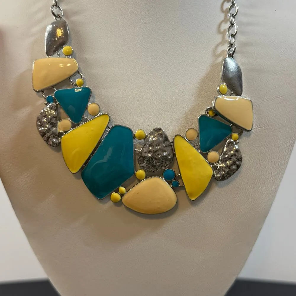 Matching Necklace Earrings Set Turquoise Yellow Stone Statement Silver Closure Blue - Image 3