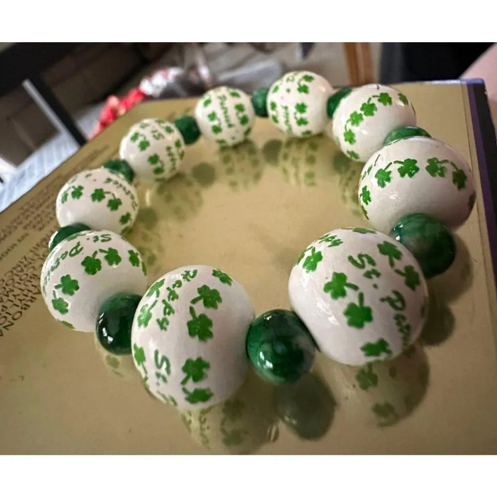 Happy St Patricks Day Shamrock Wood Beaded Stretch Bracelet Marbled Acce… Green - Image 11