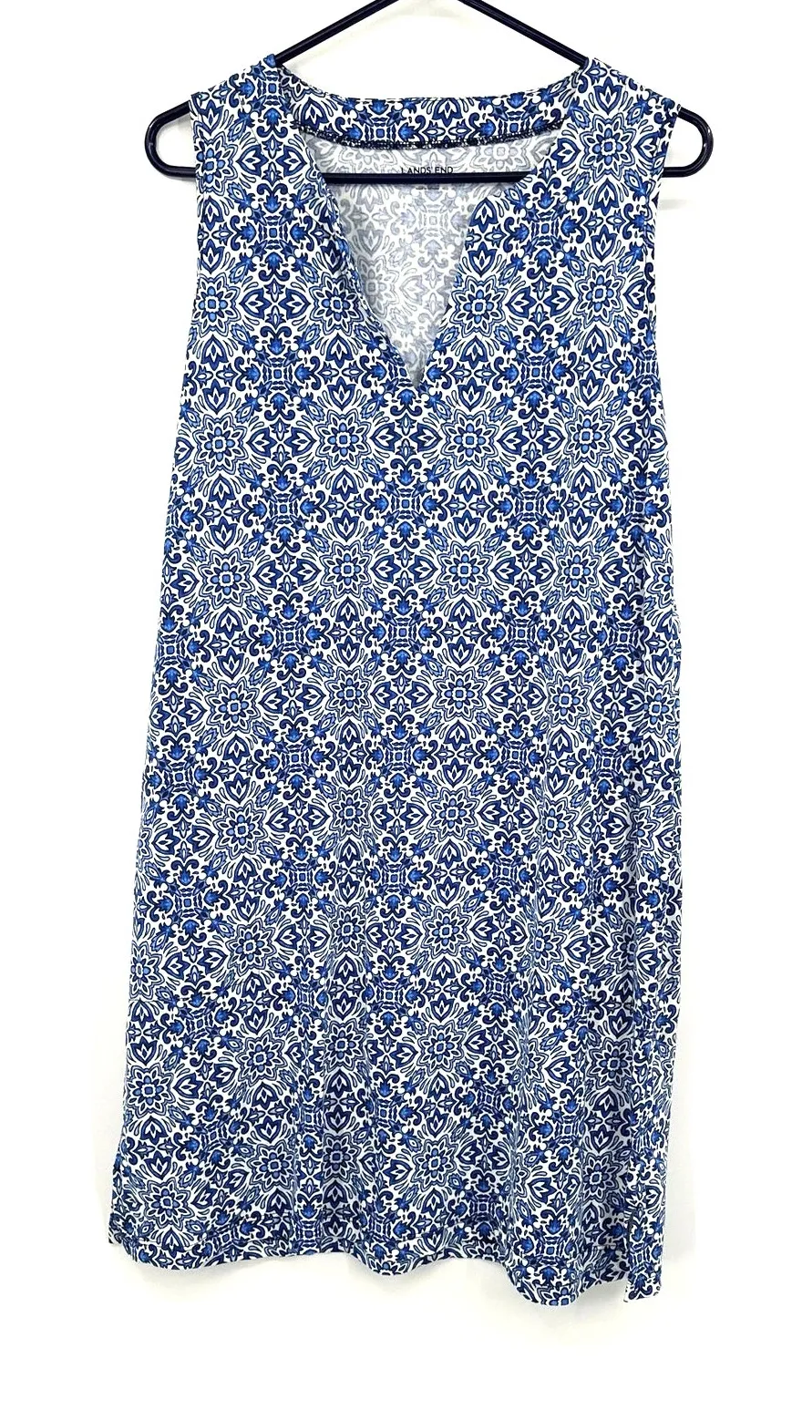 Lands End Size Medium Dress Blue White Boho Abstract Sleeveless V Neck Sheath‎ - Image 1