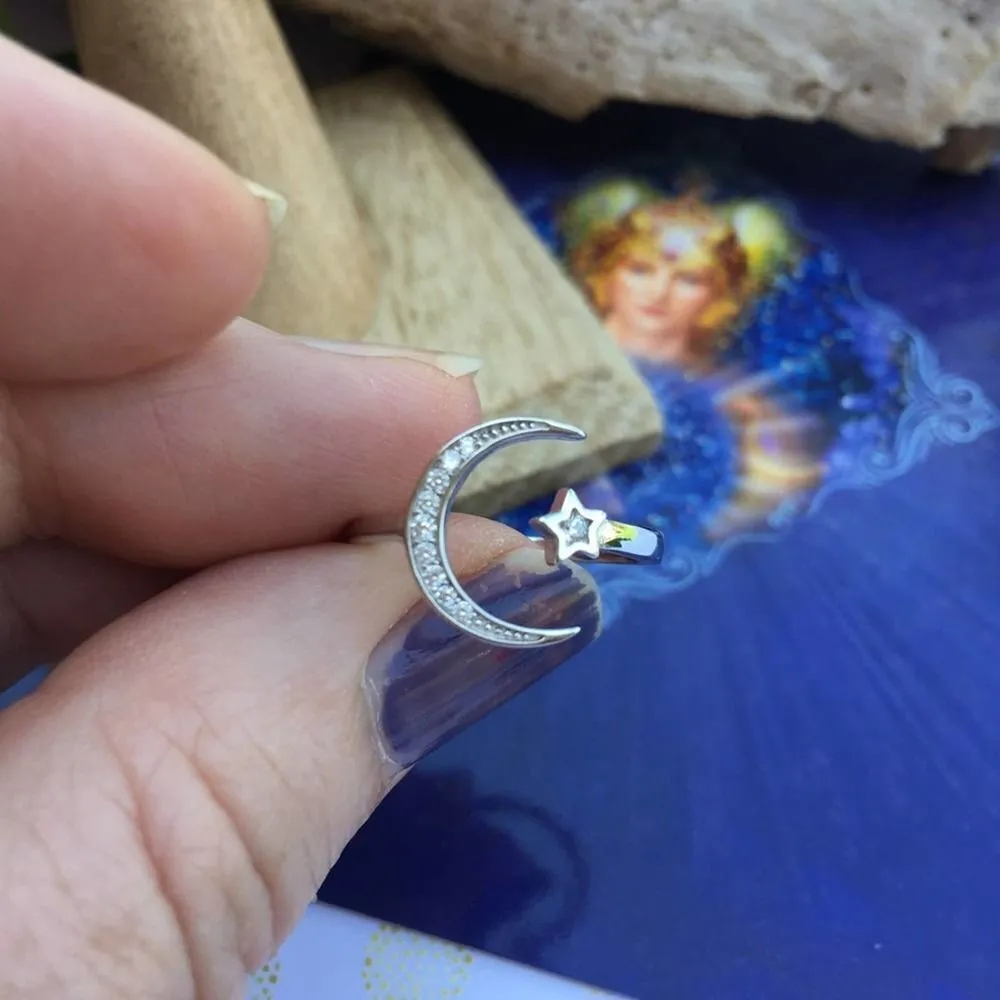 Crescent Moon & Star Sterling Silver CZ Ring Silver - Image 6