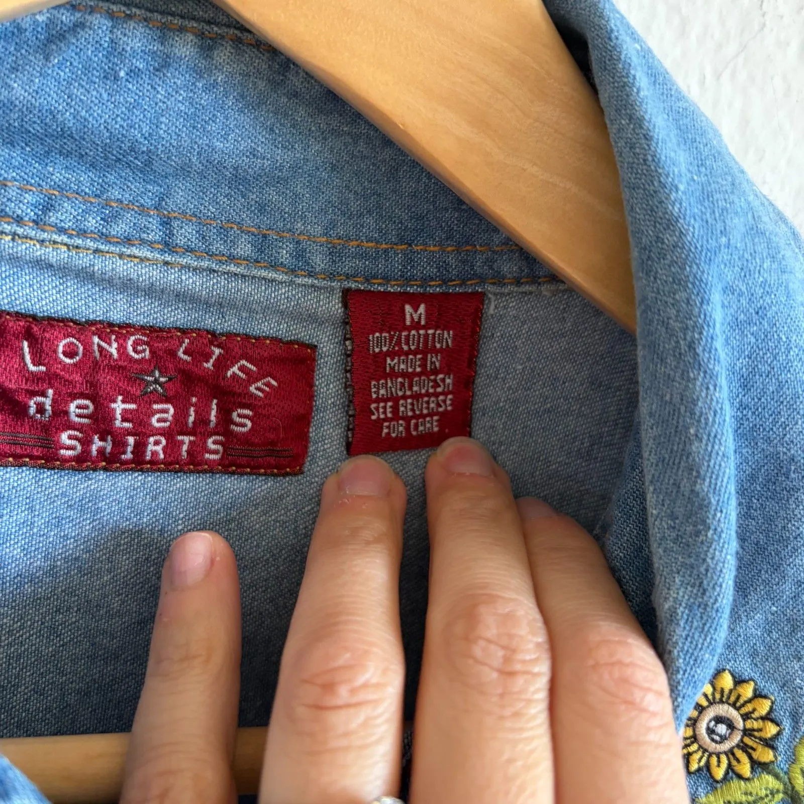 LONG LIFE DETAILS Vtg 90s Sleeveless Denim Floral Collar Shirt Womens Medium - Image 3