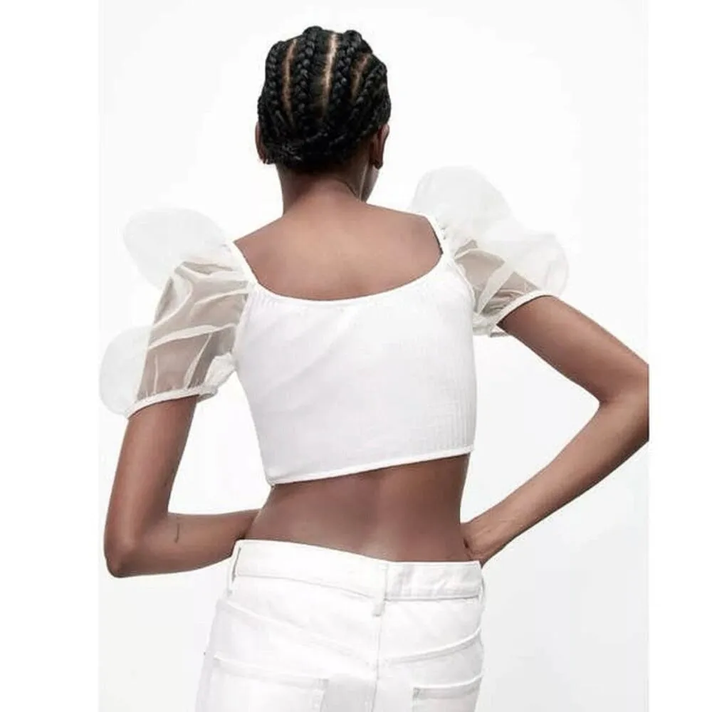 Zara White Sheer Tulle Rib Puff Balloon Sleeve Square Neck Crop Blouse Top Sz S - Image 3