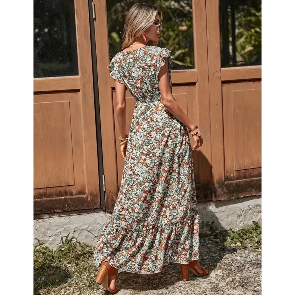 Ditsy Floral Ruffle Trim V Neck Smocked Waist Boho Maxi Dress M L XL Nwt Green Size M - Image 4