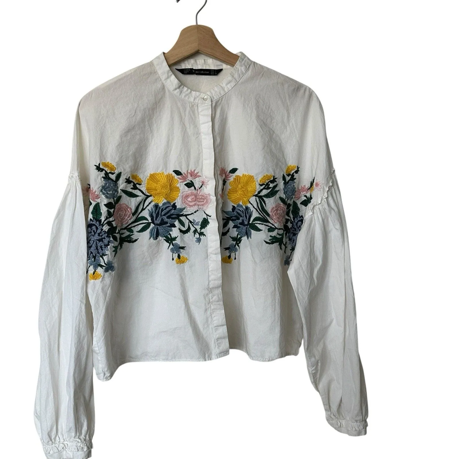 ZARA L White Floral Embroidered Ballon  Sleeves Peasant Relaxed Blouse Top - Image 2