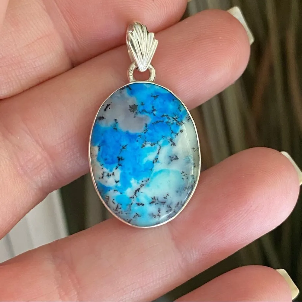 Marine Blue Dendritic Opal Sterling Pendant Blue - Image 3