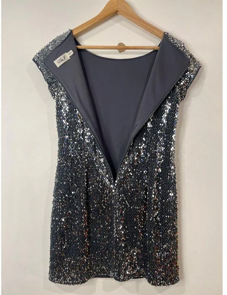 Eliza J Sequin Mini Velvet Sheath Dress Gray 8 Petite Prom Party Cocktail Disco - Image 5