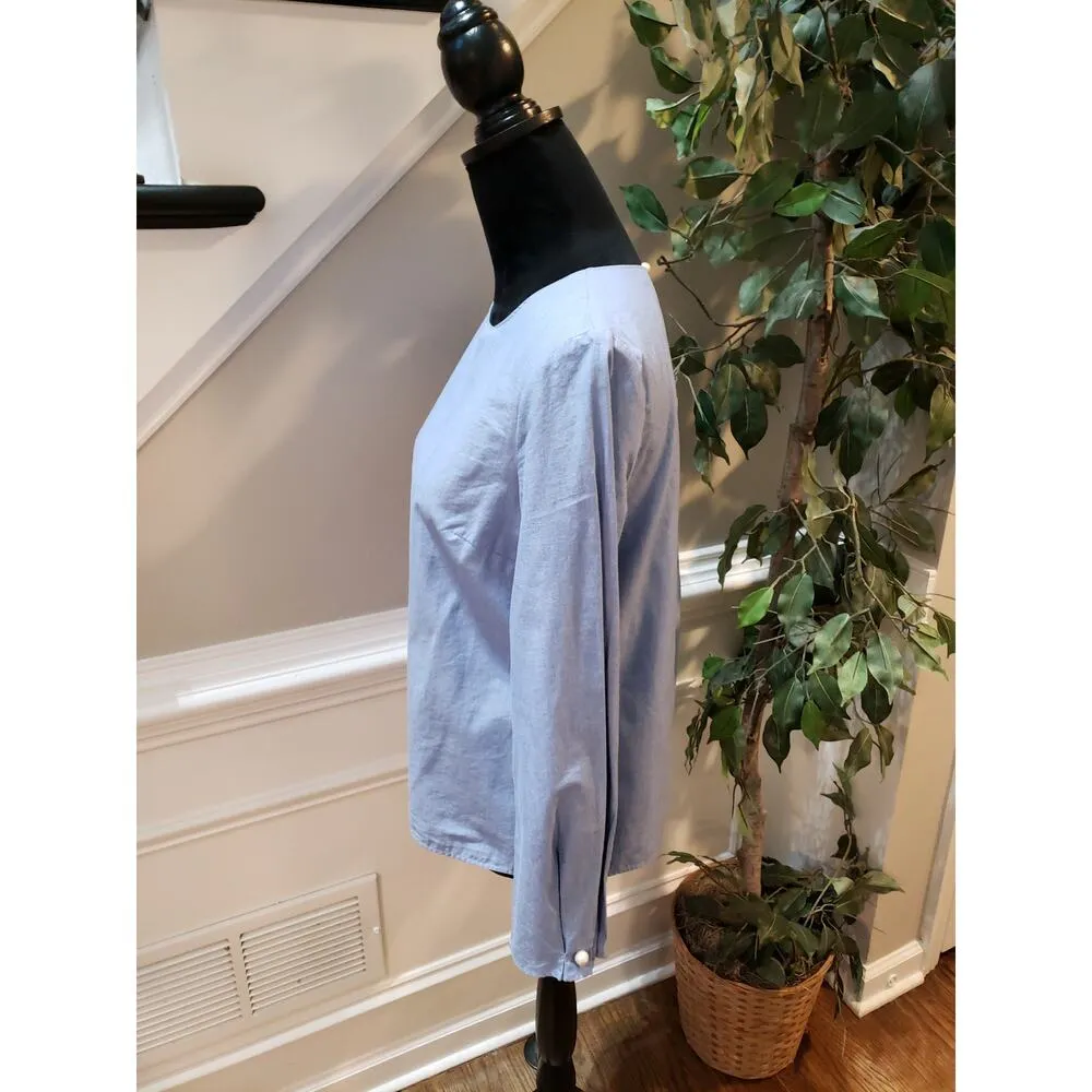 Banana Republic Blouse Women Small Blue Long Sleeve Back Button Pearl Detail - Image 9