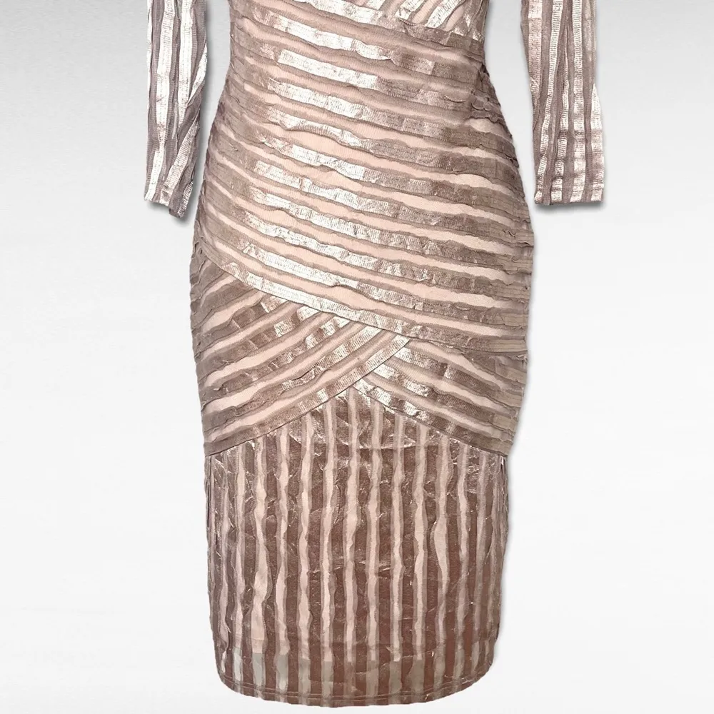 REISS Rebecca Bodycon Sheath Dress Mink Metallic Stripe 8 Medium - Image 4