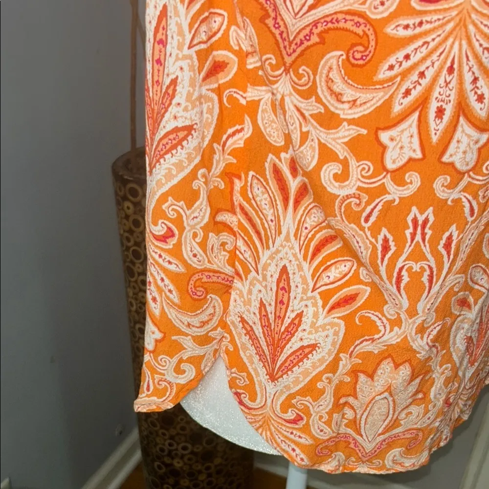 LOFT Orange and White Sleeveless Ruffled Tie Front Blouse - Image 3