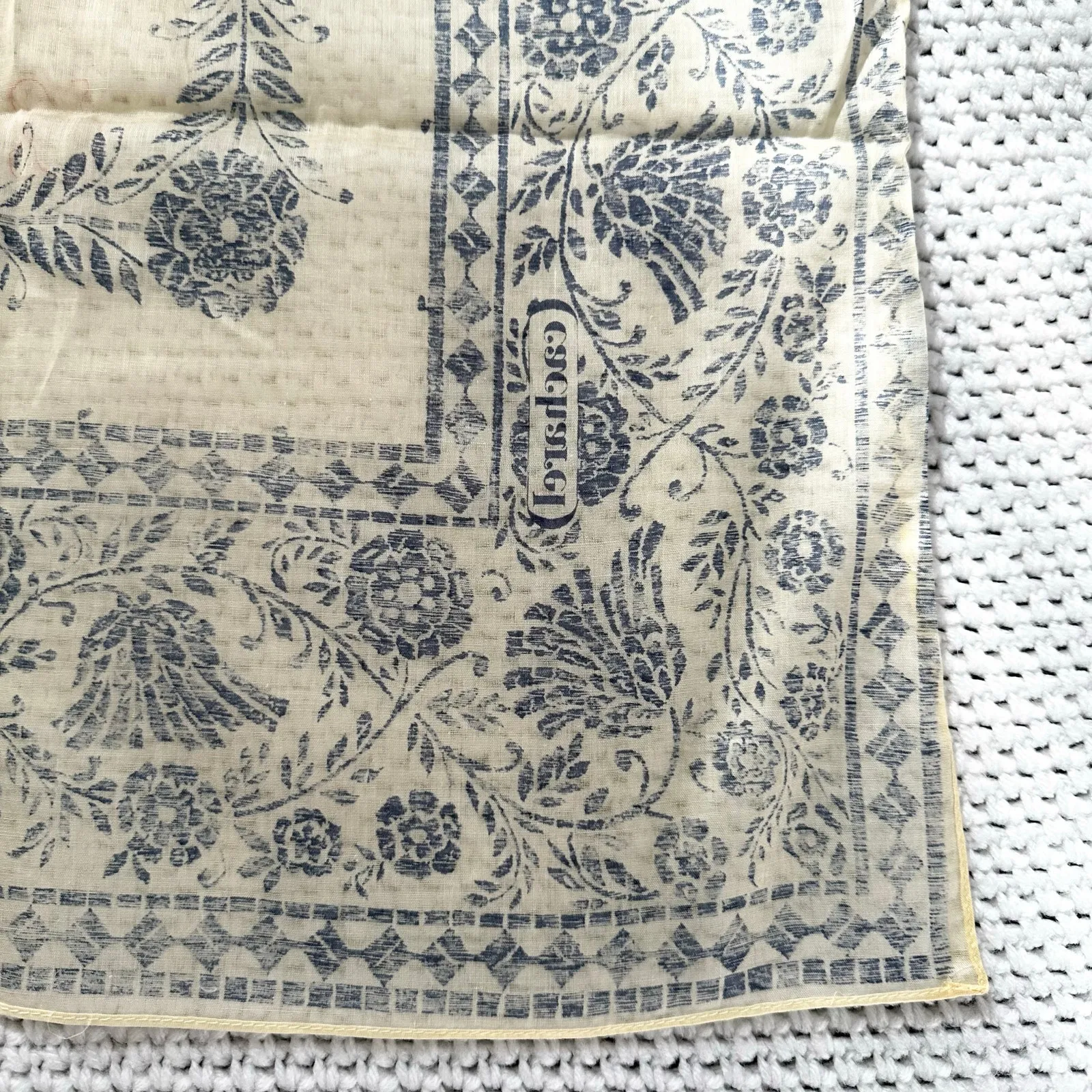 Cacharel Cotton Cream Blue Floral Whimsical Countryside Print Square Scarf - Image 5