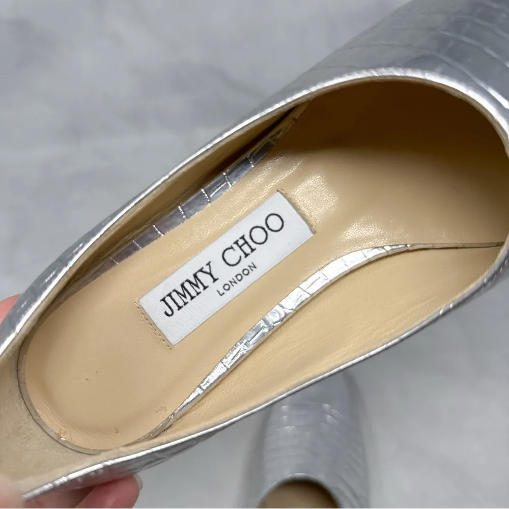 NEW Jimmy Choo Joselyn Croc Metallic Leather Square Toe Loafer Flat Shoes Silver - Image 7