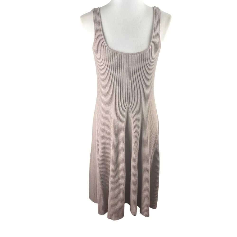 Stitchdrop Mocha Cream Ribbed Neutral Knit Dress Minimalist Academia Sleeveless Tan Size L - Image 2
