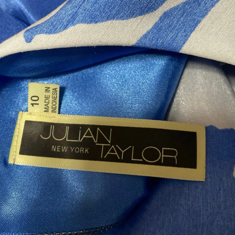 Julian Taylor White Blue Satin Floral Sleeveless Belt Mini Fit & Flare Dress 10 - Image 3