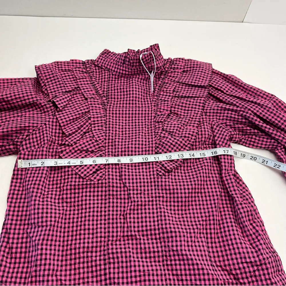 Ganni Seersucker Check Pattern Ruffle Top Women Size EU 38 Medium Pink Black NEW - Image 8
