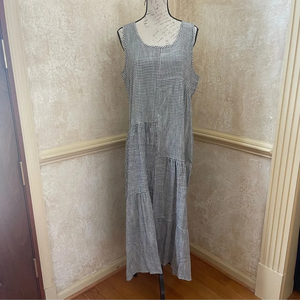 MAX STUDIO Maxi Dress Blue White Striped Patchwork Tiered Swing Boho Breezy XL - Image 4