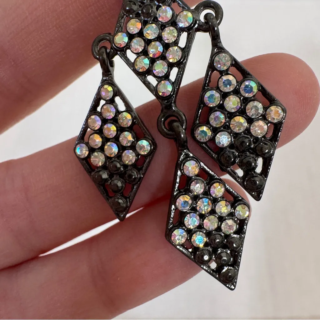 Vintage Black Metal Aurora Borealis Crystal Chandelier Earrings Women’s Jewelry - Image 4
