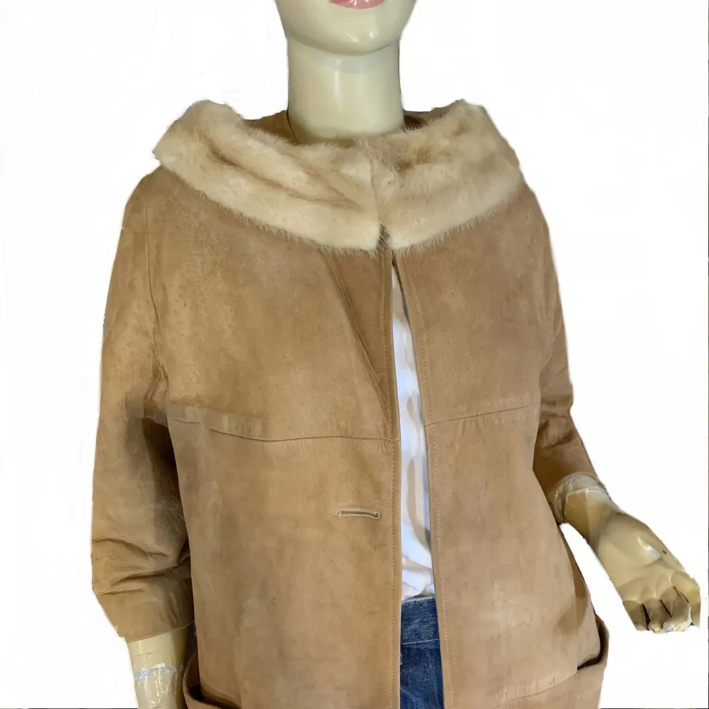 VINTAGE 1970'S BROWN SUEDE W/BLONDE MINK COLLAR SWING COAT (M) Size M - Image 7