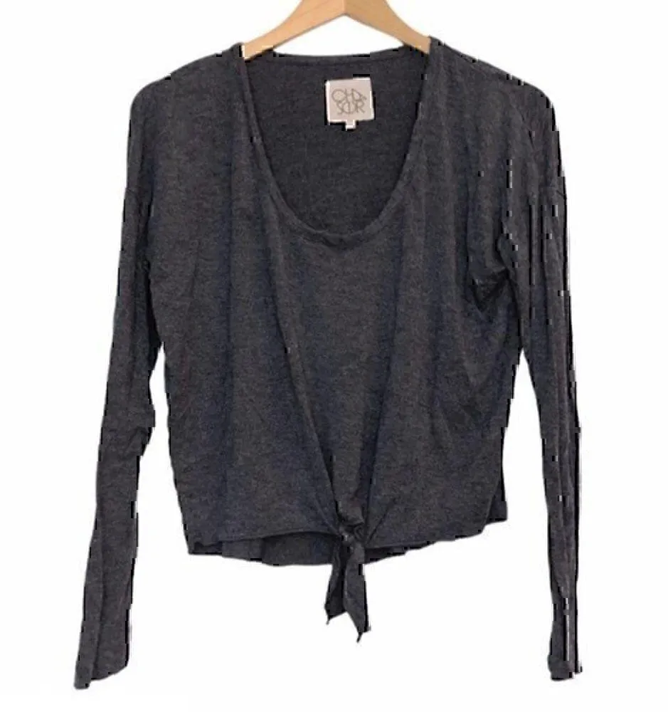 CHASER Tie Knot Front Boxy High Hi Low Hi-Lo Tee Gray Long Sleeve Viscose Rayon - Image 3