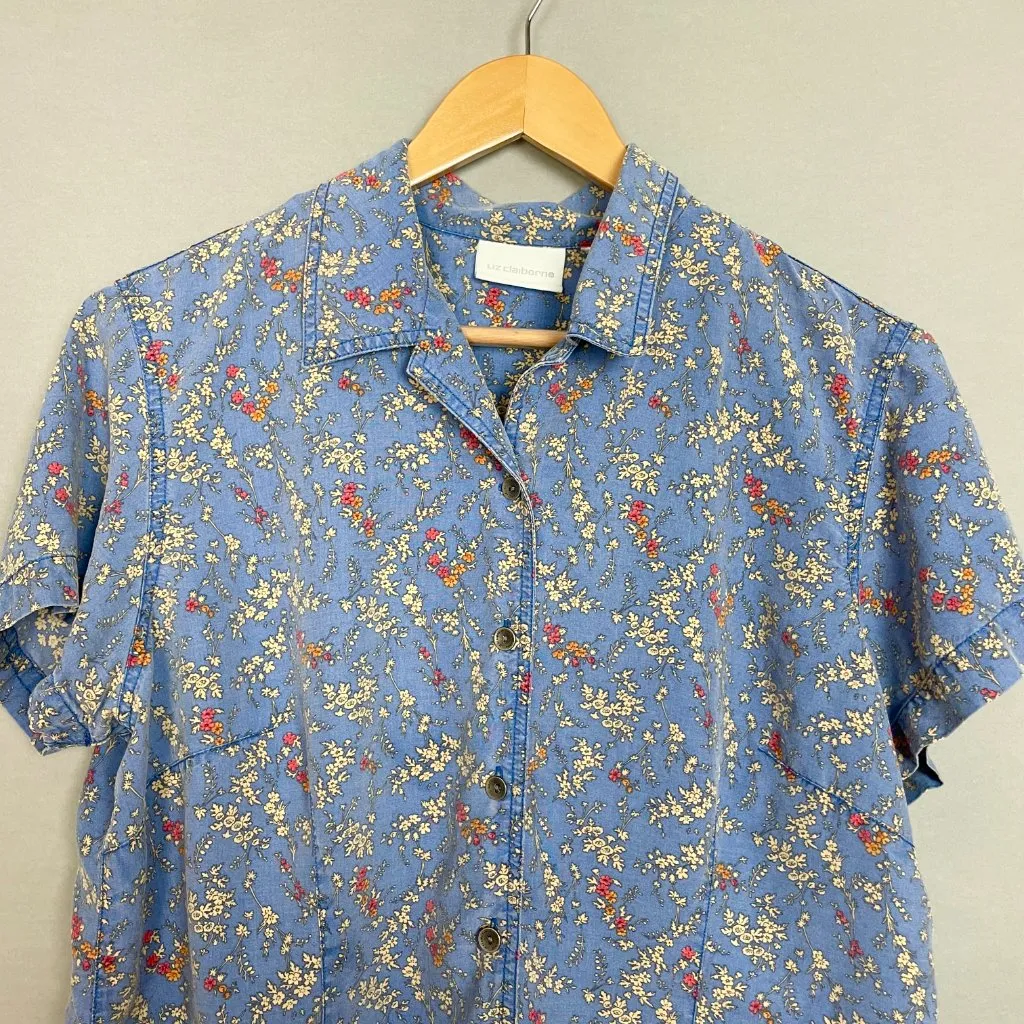 Vintage Liz Claiborne Blouse Floral Button-Up Top Blue Short Sleeve Nature Print - Image 4
