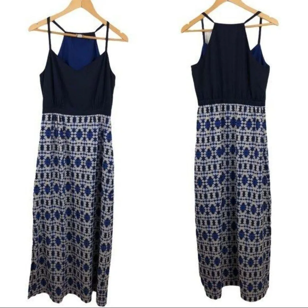 J. Crew Navy Geometric Printed Maxi Dress Long Spaghetti Strap Halter Neck SZ 6 - Image 2
