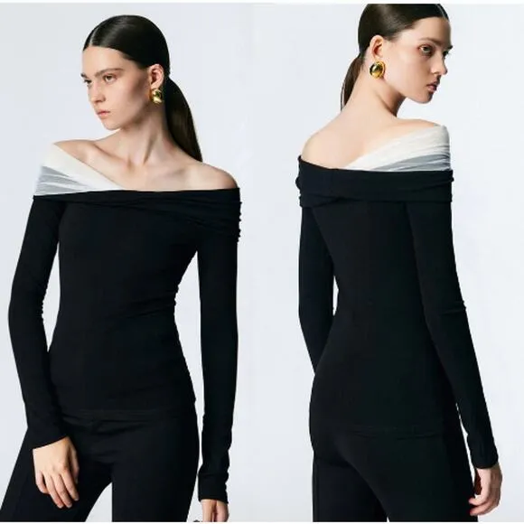Commense Asymmetric Off Shoulder Long Sleeve Mesh Top Black Women's Size S - Image 2