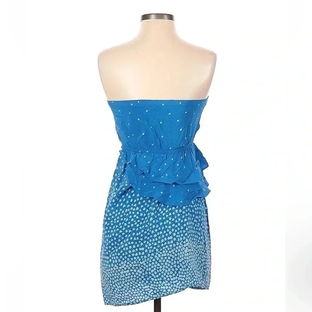 Yumi Kim | 100% Silk Blue w/ White Hearts Ruffle Strapless Dress Size XS - Image 2