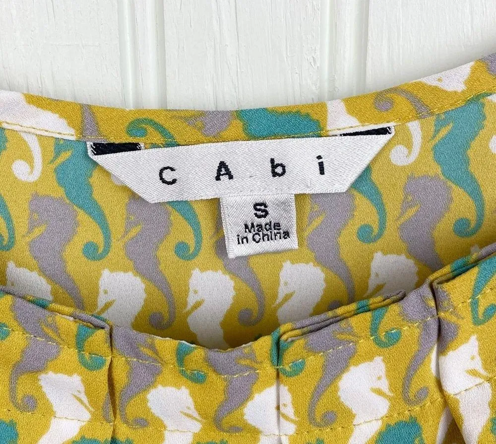 CAbi 411 Seahorse Novelty Print Pleated Camisole Tank Top Size Small Yellow Teal - Image 7