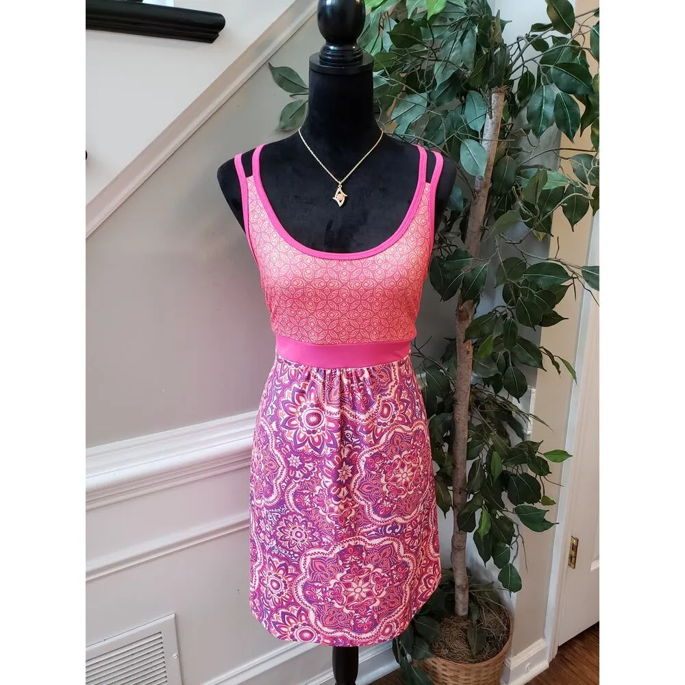 Tehama Tank Dress Women Medium Pink Purple Floral Cross Back Strap Empire Waist - Image 2