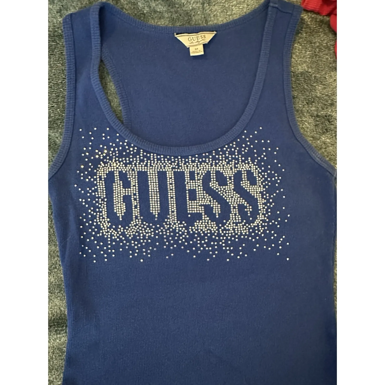 Guess Tank Top Women's Medium Blue Racerback Ribbed Knit Bejeweled Y2K‎ - Image 2