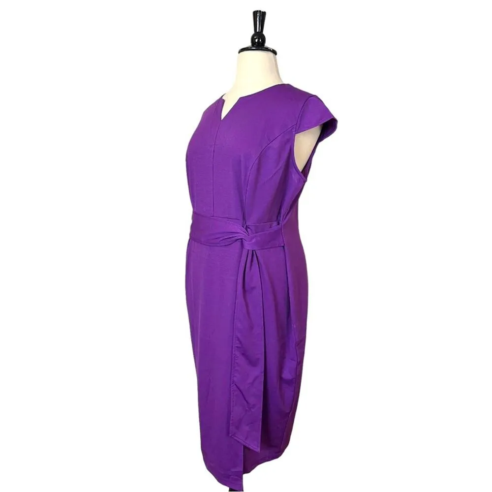 Hannah Nikole Sheath Dress Midi Split Neck Tie Waist Cap Sleeve Purple 22W New - Image 5