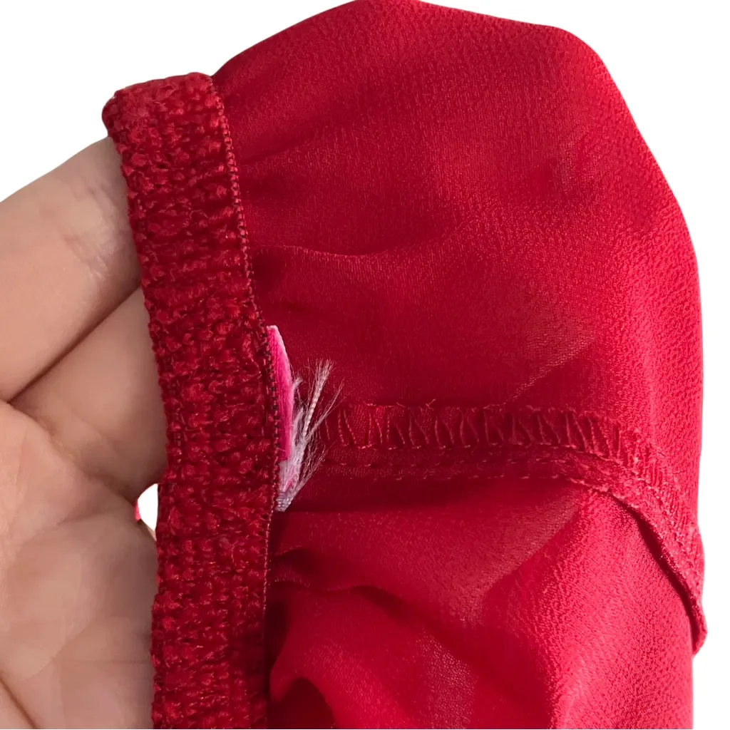 Y2K Red Satin Sheer Beaded Babydoll Top Micro Mini Slip Dress XS Lingerie Fairy - Image 10