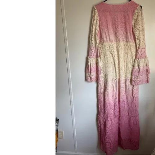 Venus Womens Long Crochet Embroidered‎ Pink White Floral Ombre Maxi Dress sz M - Image 5
