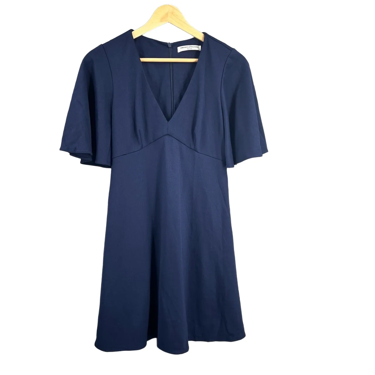 AMANDA UPRICHARD Dress Navy Blue Flutter Sleeve Fit & Flare Stretch Knit S (est) - Image 2