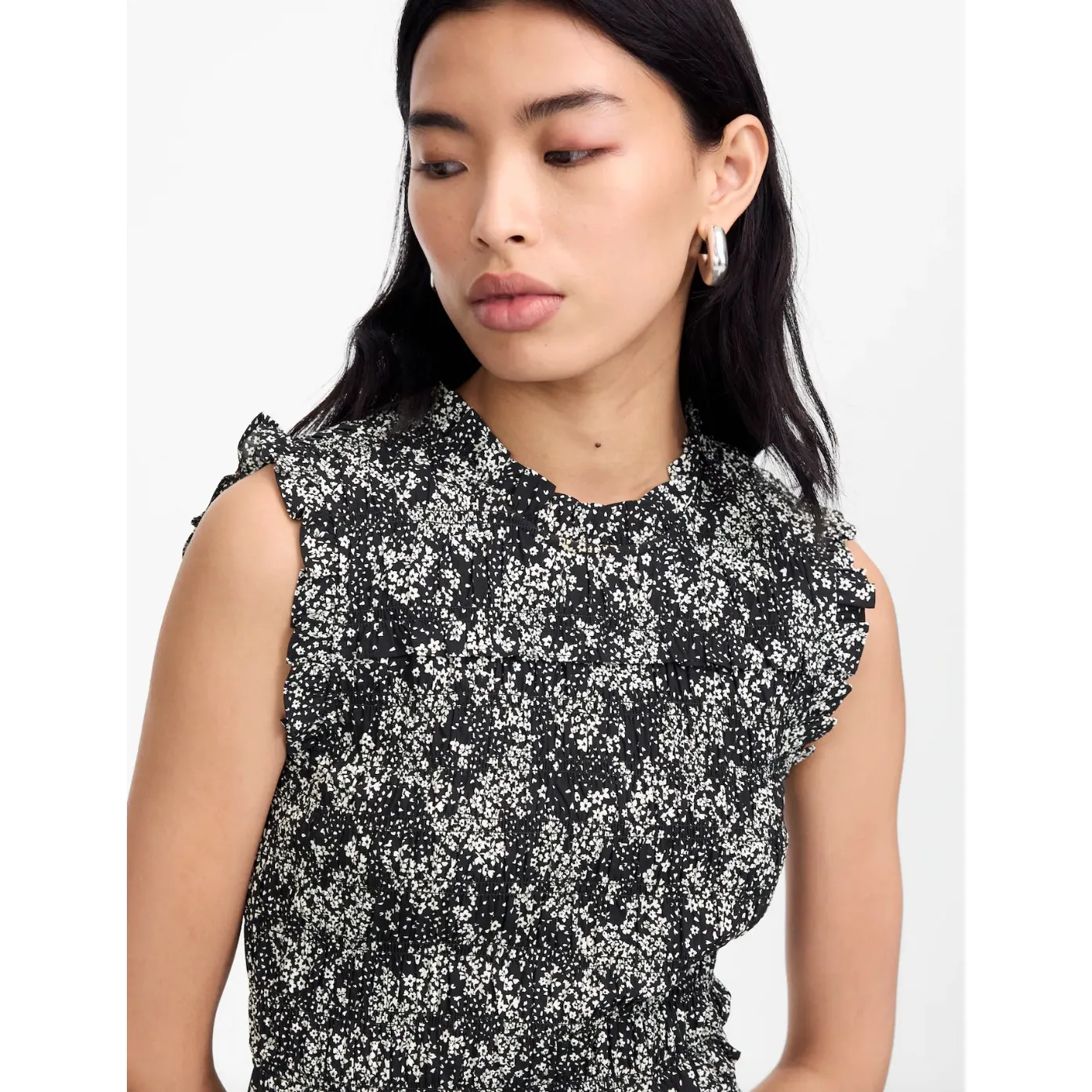 Madewell Smocked Crewneck Mini Dress Harper Floral Black White Cottage US 0 NWT - Image 5