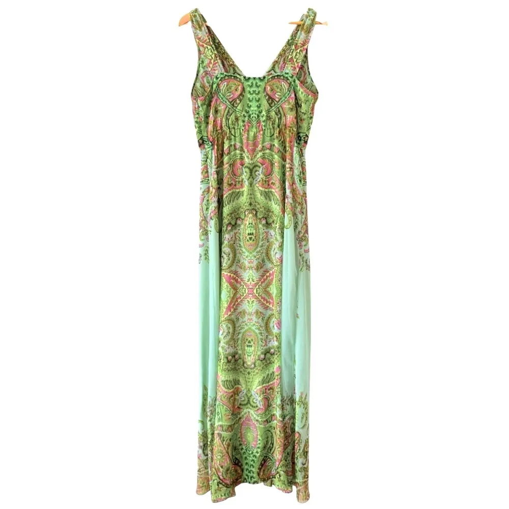 YOANA BARASCHI Silky Sleeveless Maxi Dress Paisley Boho Print Multi Color Size 8 - Image 3