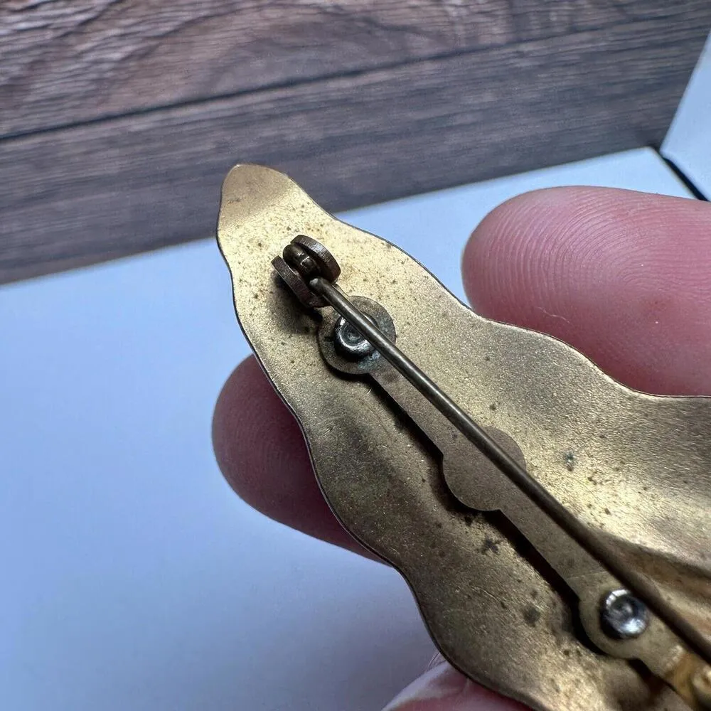 Vintage Rhinestone Leaf Autumn Fall Two Tone Brooch Pin Gold - Image 11