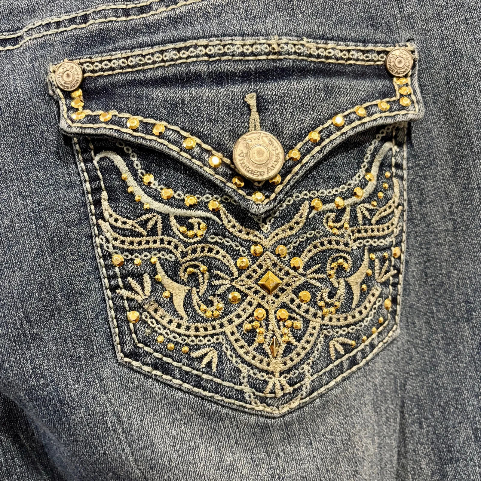 VTG Y2K Boot Cut Flare Studded Embroidered Denim Western Jeans, Women's Size 16 - Image 3