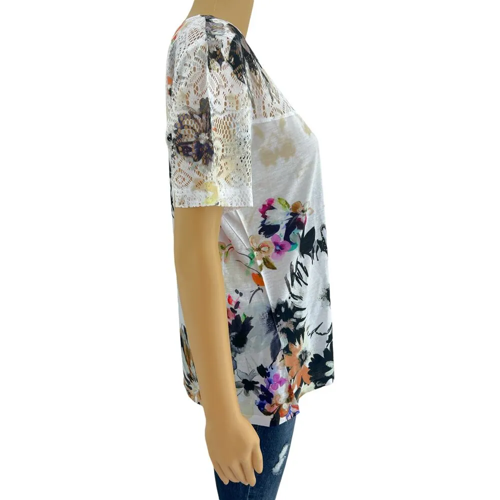 Essentials by Milano (L) White Multi Floral Doily Lace Short Sleeve Tee Shirt Size L - Image 3