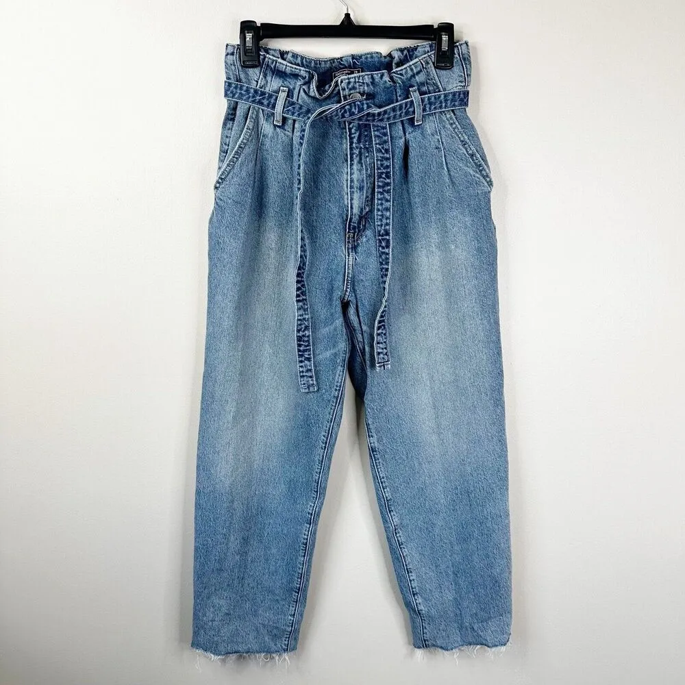 Abercrombie & Fitch Mom Jeans Blue Belted Paper Bag Waist High Rise Size 29/8 - Image 2